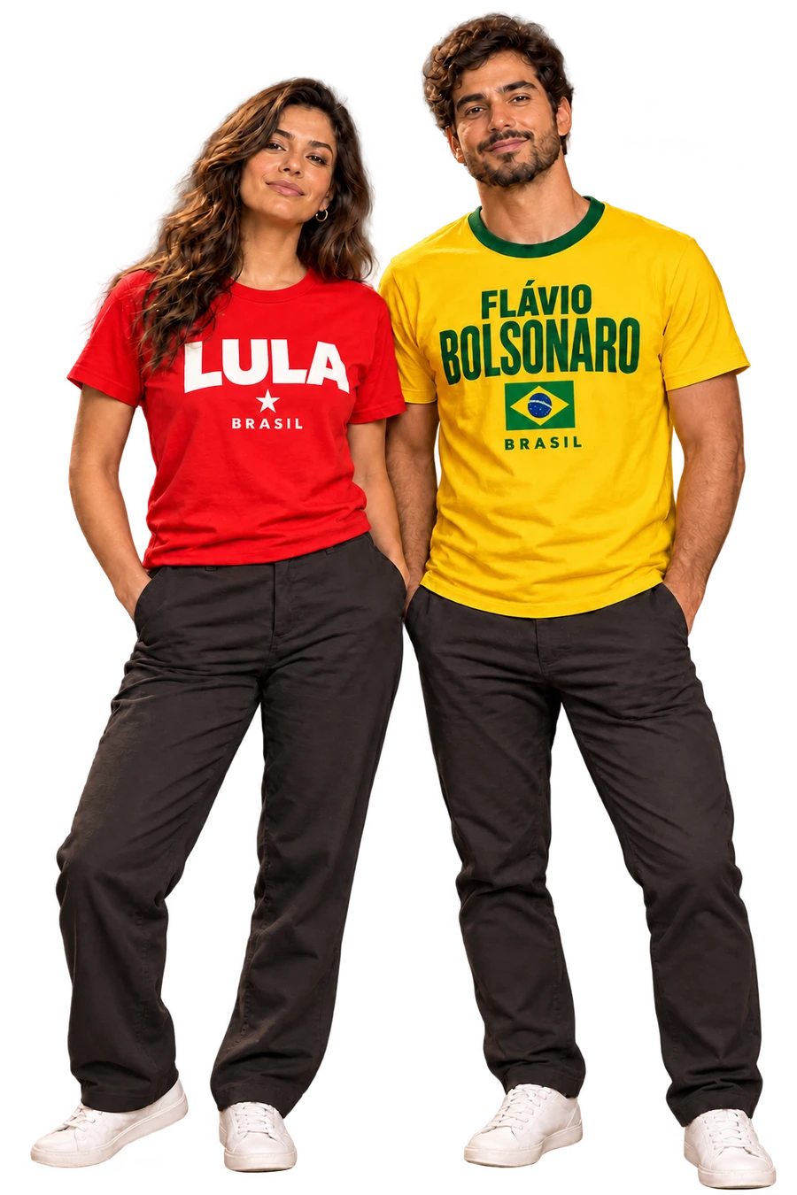 Modelos adultos usando as camisetas unissex Lula e Flávio Bolsonaro; imagem ilustrativa gerada por IA