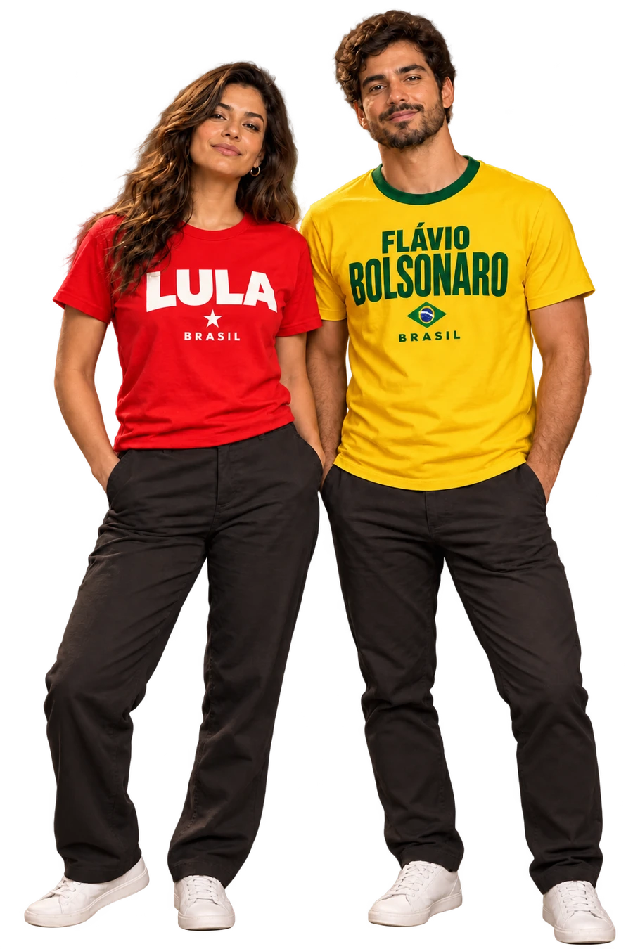 Modelos adultos usando as camisetas unissex Lula e Flávio Bolsonaro; imagem ilustrativa gerada por IA