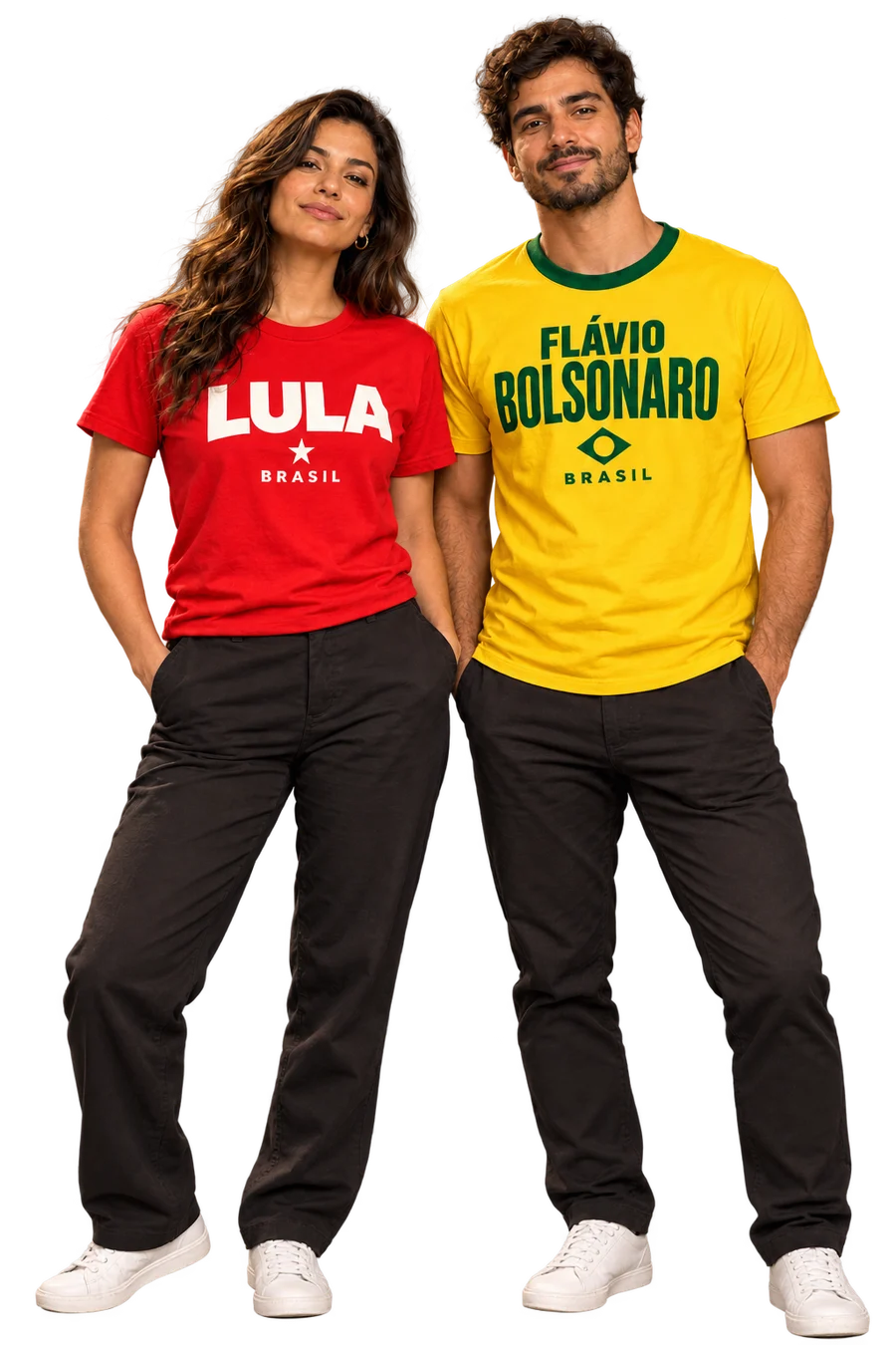 Modelos adultos usando as camisetas unissex Lula e Flávio Bolsonaro; imagem ilustrativa gerada por IA